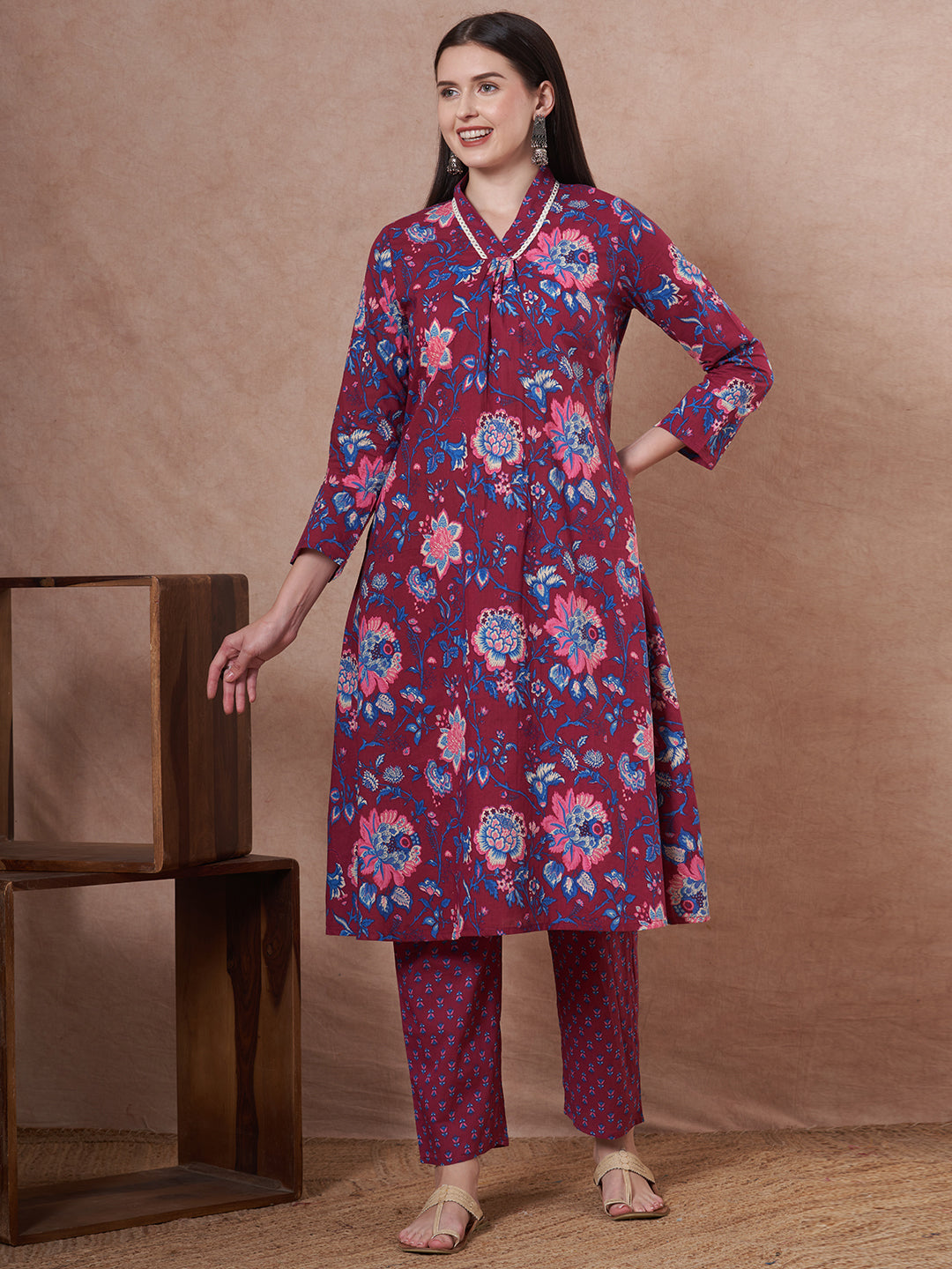Ethnic Floral Printed A-Line Kurta with Pant - Purple