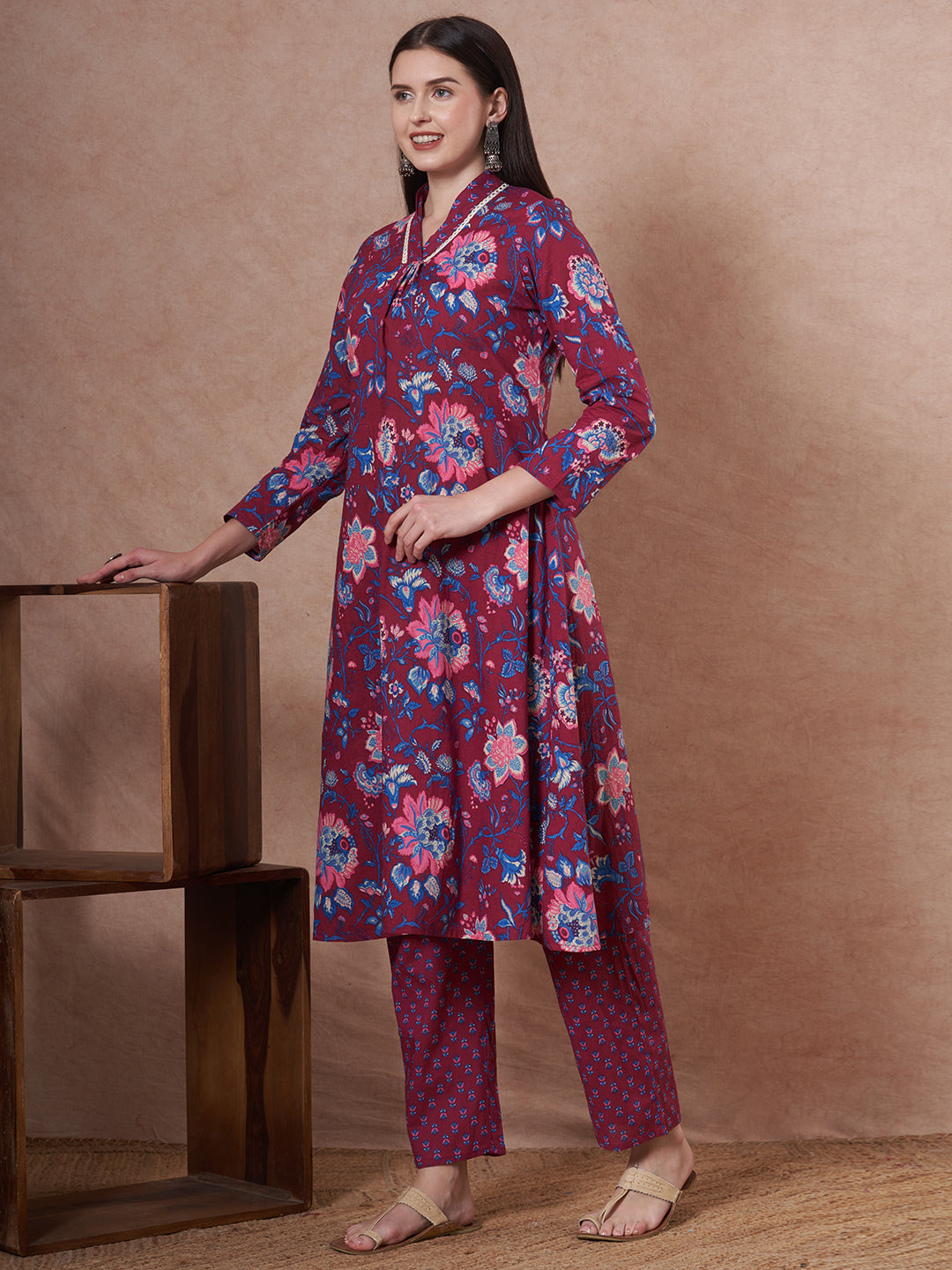Ethnic Floral Printed A-Line Kurta with Pant - Purple