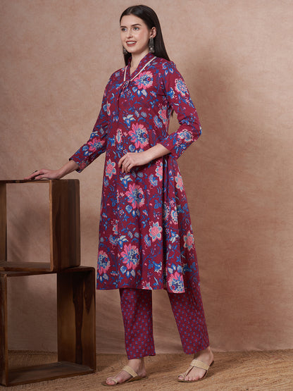 Ethnic Floral Printed A-Line Kurta with Pant - Purple