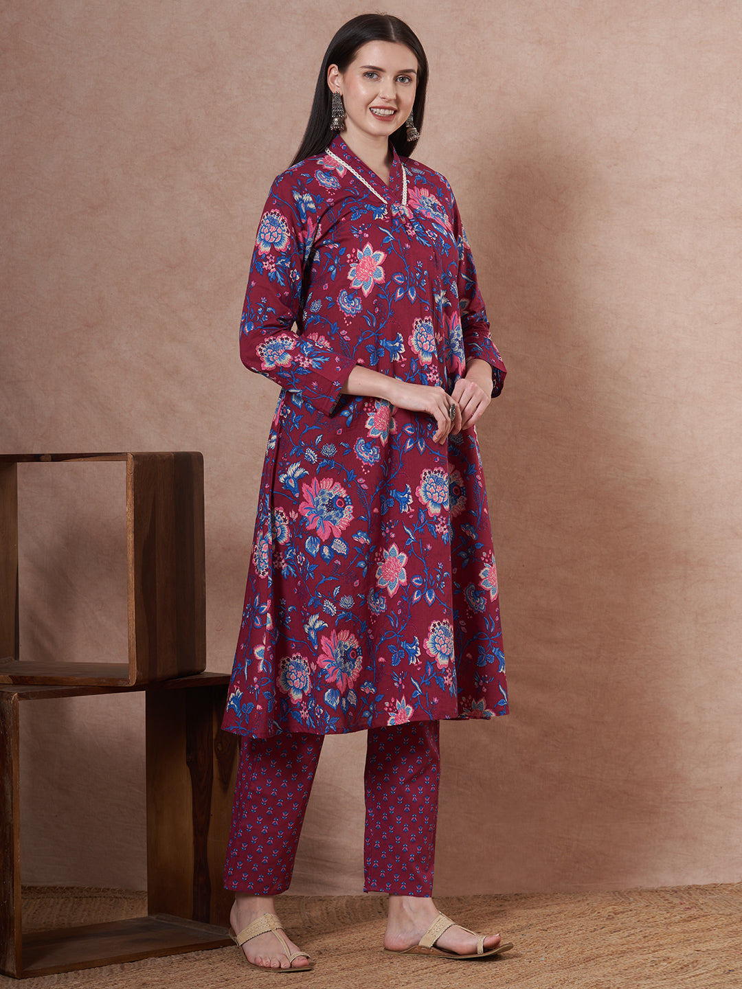 Ethnic Floral Printed A-Line Kurta with Pant - Purple