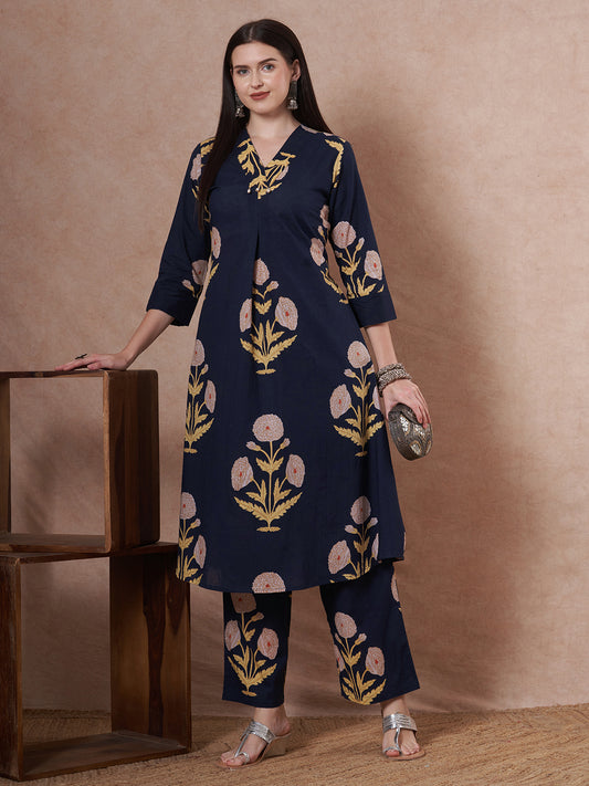 Ethnic Floral Printed A-Line Flared Co-ord Set - Navy Blue