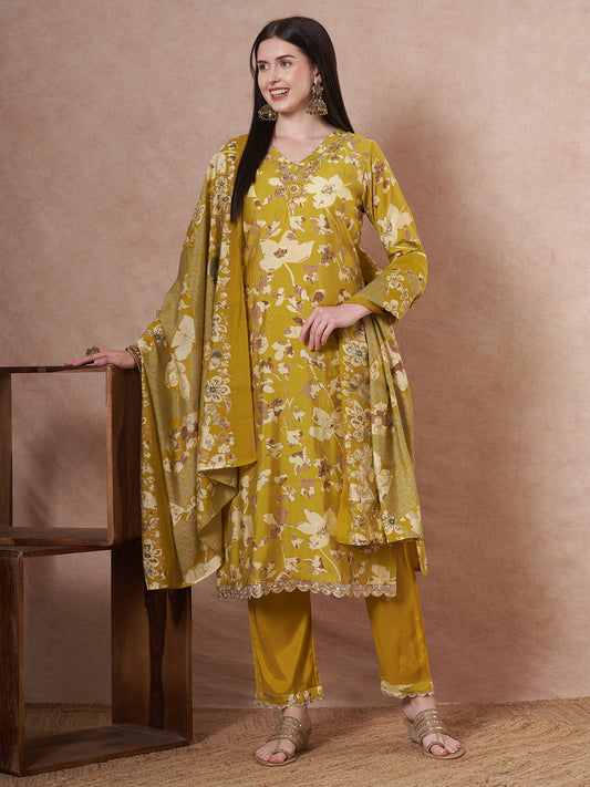 Ethnic Printed Straight Fit Kurta with Pant and Dupatta - Lime Green