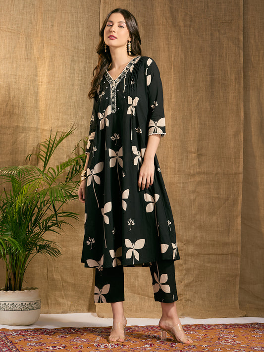 Abstract Floral Printed & Embroidered A-Line Kurta with Pant - Black