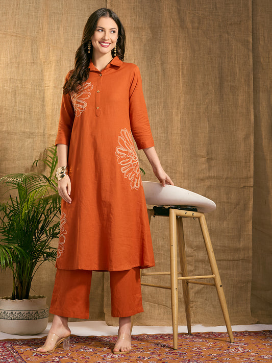 Solid Abstract Floral Embroidered A-Line Co-ord Set - Rust