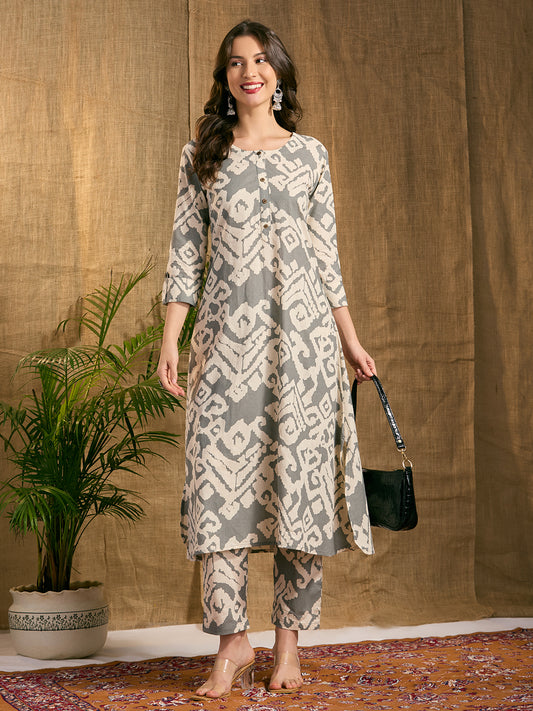 Abstract Ikat Printed A-Line Cotton Flax Co-ord Set - Grey
