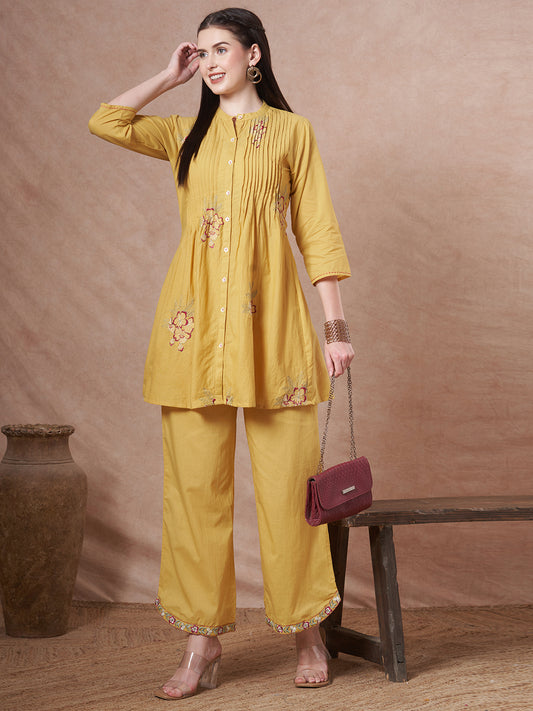 Solid Floral Embroidered A-Line Co-ord Set - Yellow