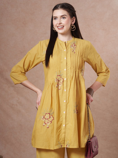Solid Floral Embroidered A-Line Co-ord Set - Yellow