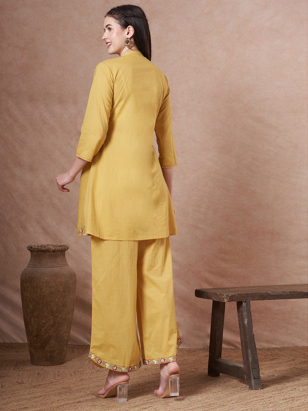 Solid Floral Embroidered A-Line Co-ord Set - Yellow