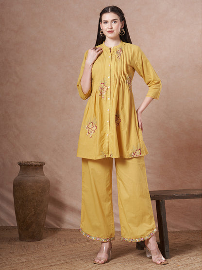 Solid Floral Embroidered A-Line Co-ord Set - Yellow