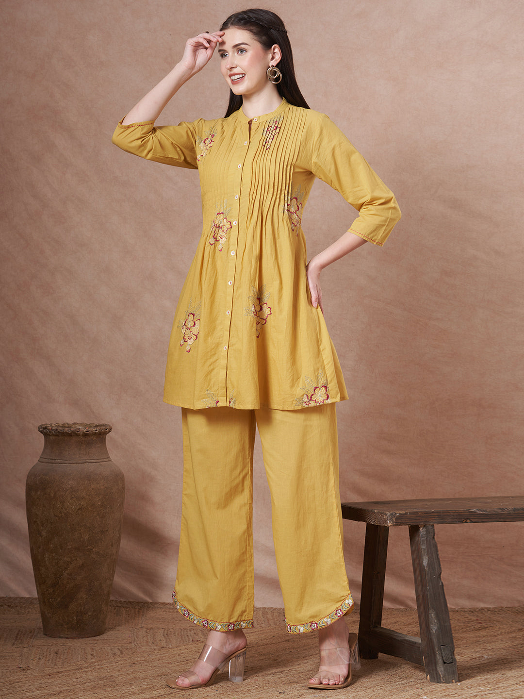 Solid Floral Embroidered A-Line Co-ord Set - Yellow