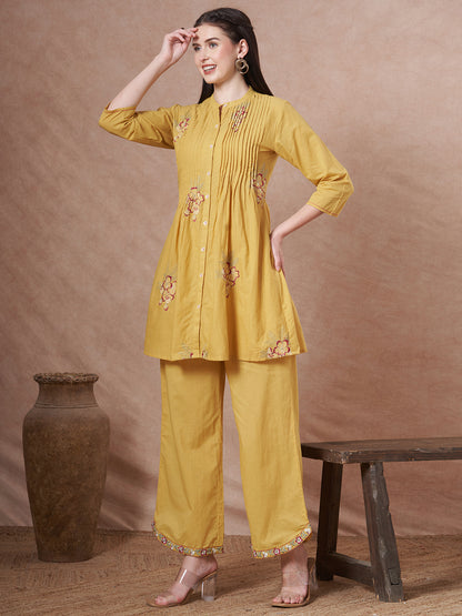 Solid Floral Embroidered A-Line Co-ord Set - Yellow