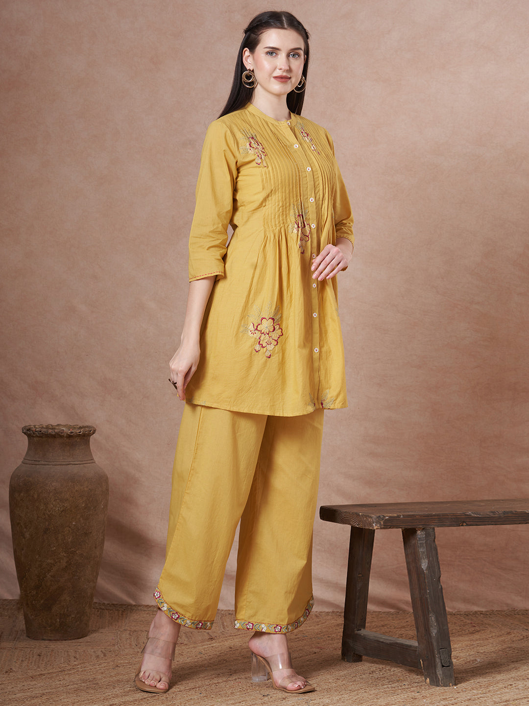Solid Floral Embroidered A-Line Co-ord Set - Yellow