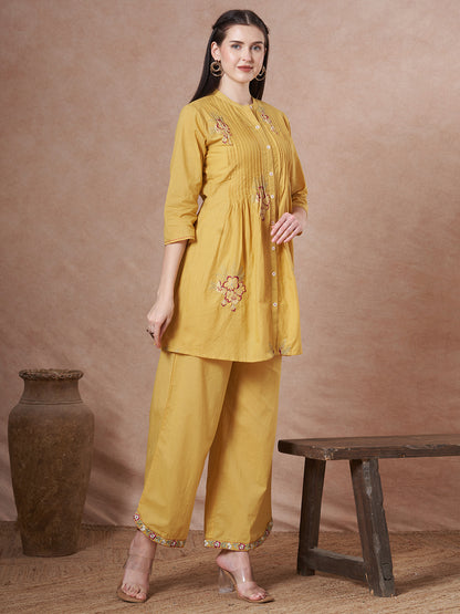 Solid Floral Embroidered A-Line Co-ord Set - Yellow