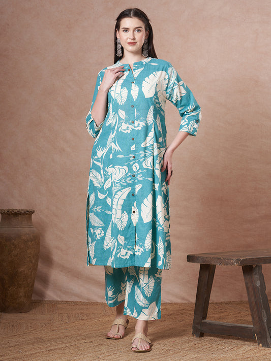Abstract Floral Printed A-Line Paneled Co-ord Set - Turquoise Blue