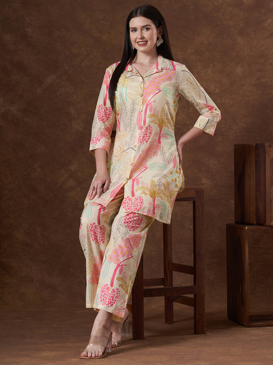 Floral Printed Straight Fit Co-ord Set - Off White
