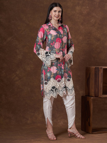 Abstract Floral Printed Embroidered Straight Fit Kurta with Dhoti Pant - Multi