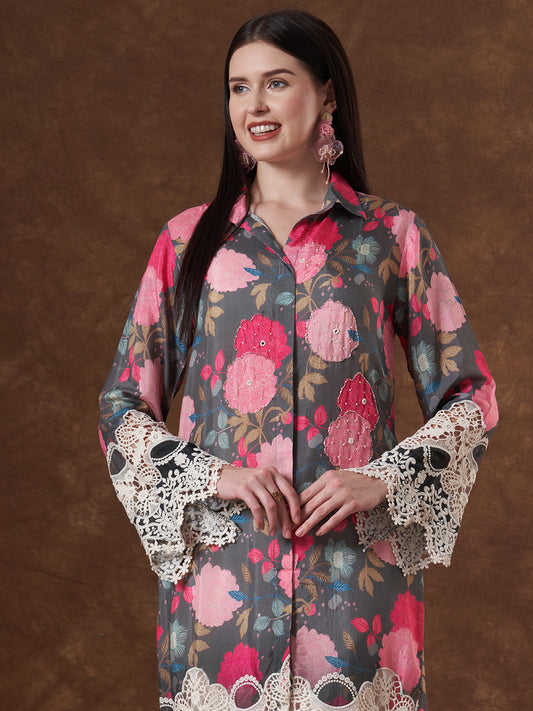 Abstract Floral Printed Embroidered Straight Fit Kurta with Dhoti Pant - Multi