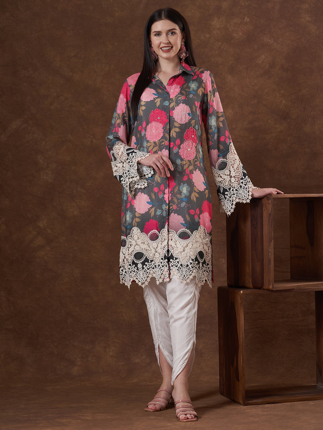 Abstract Floral Printed Embroidered Straight Fit Kurta with Dhoti Pant - Multi