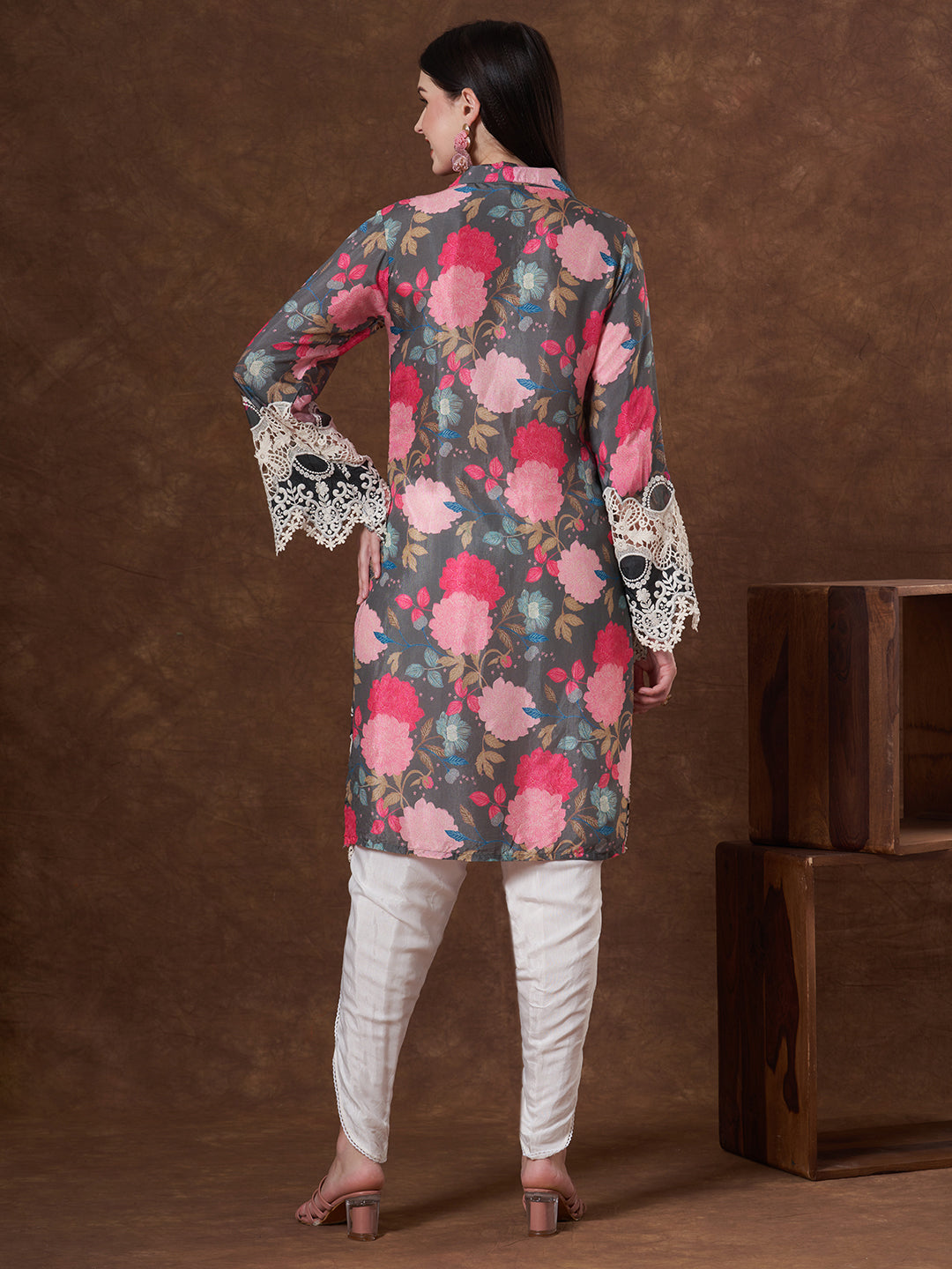 Abstract Floral Printed Embroidered Straight Fit Kurta with Dhoti Pant - Multi