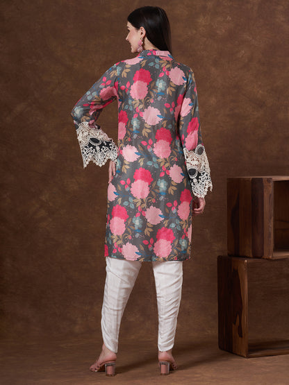Abstract Floral Printed Embroidered Straight Fit Kurta with Dhoti Pant - Multi