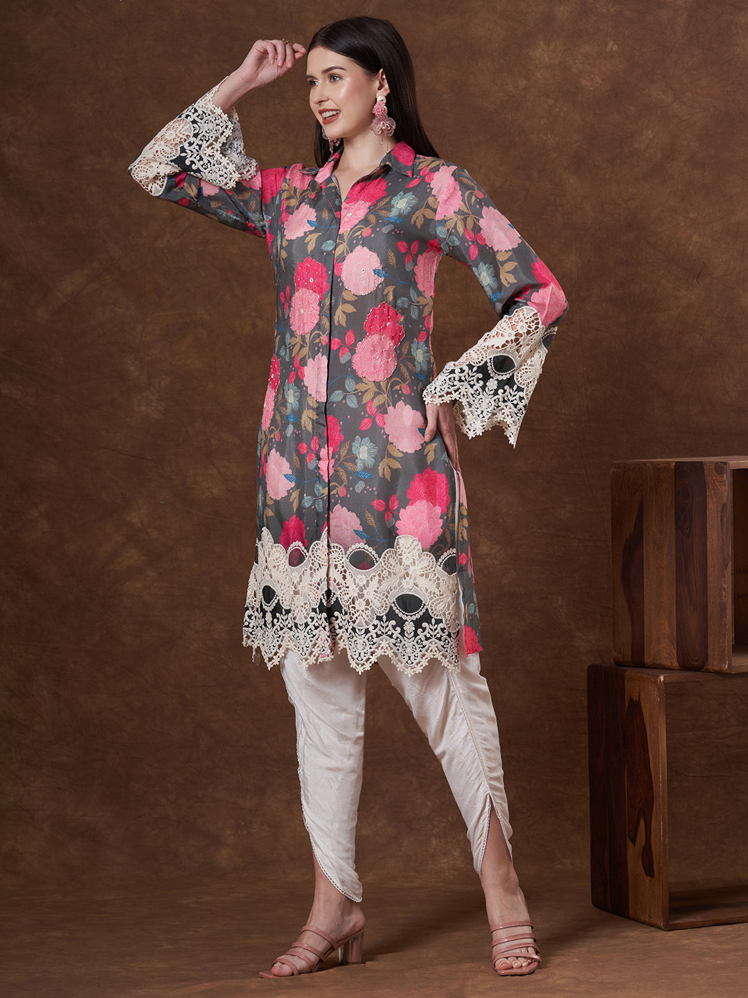 Abstract Floral Printed Embroidered Straight Fit Kurta with Dhoti Pant - Multi