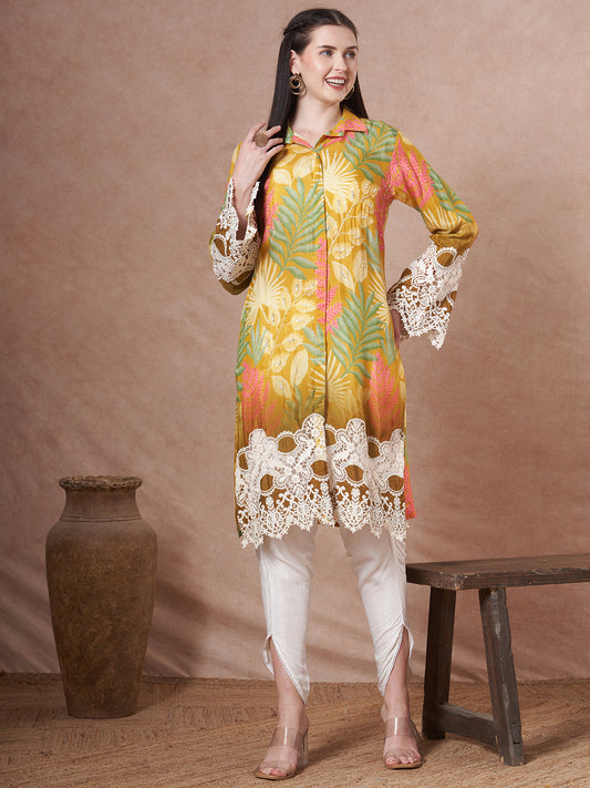 Abstract Floral Printed Embroidered Straight Fit Kurta with Dhoti Pant - Lime Green