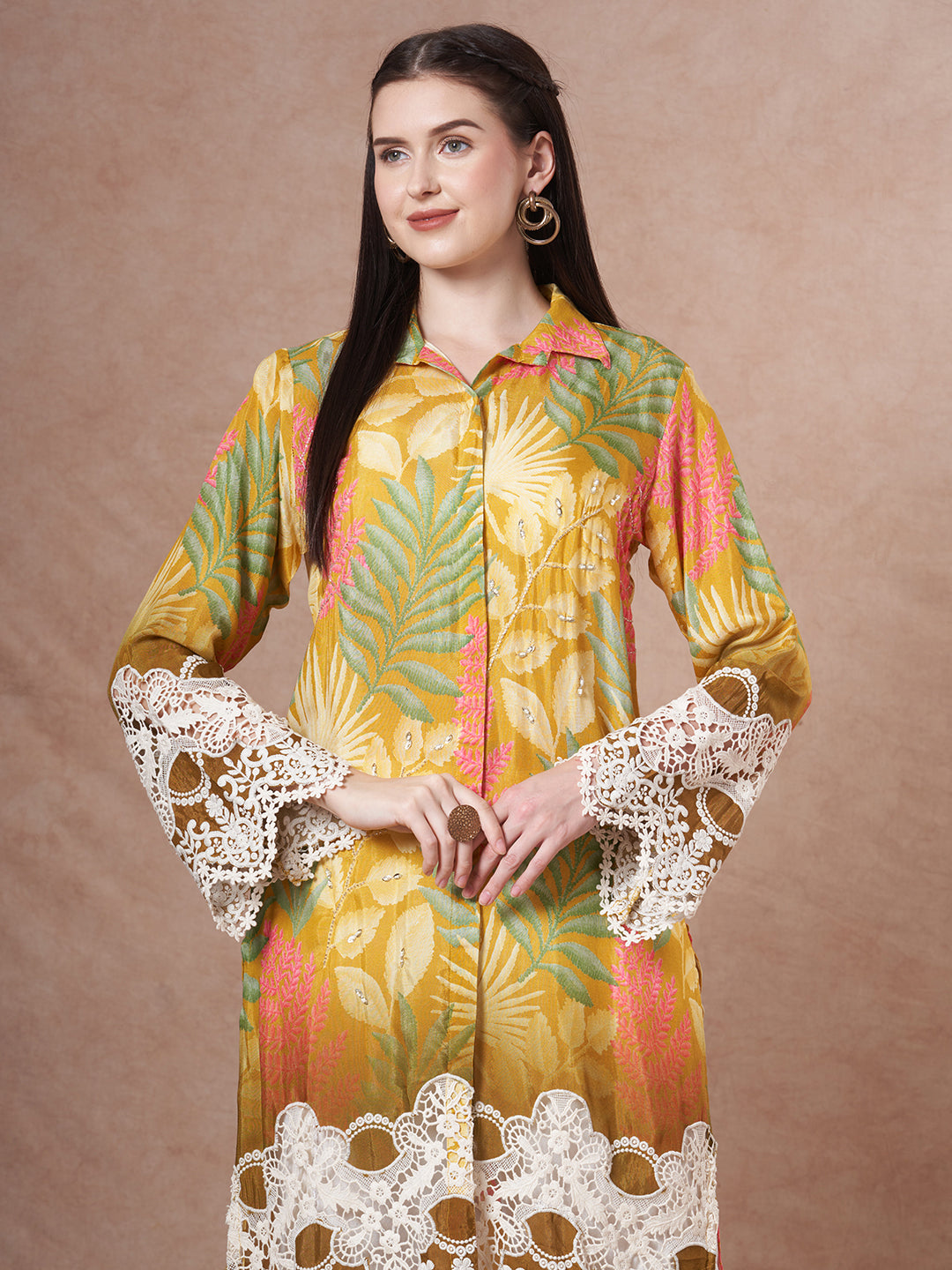 Abstract Floral Printed Embroidered Straight Fit Kurta with Dhoti Pant - Lime Green