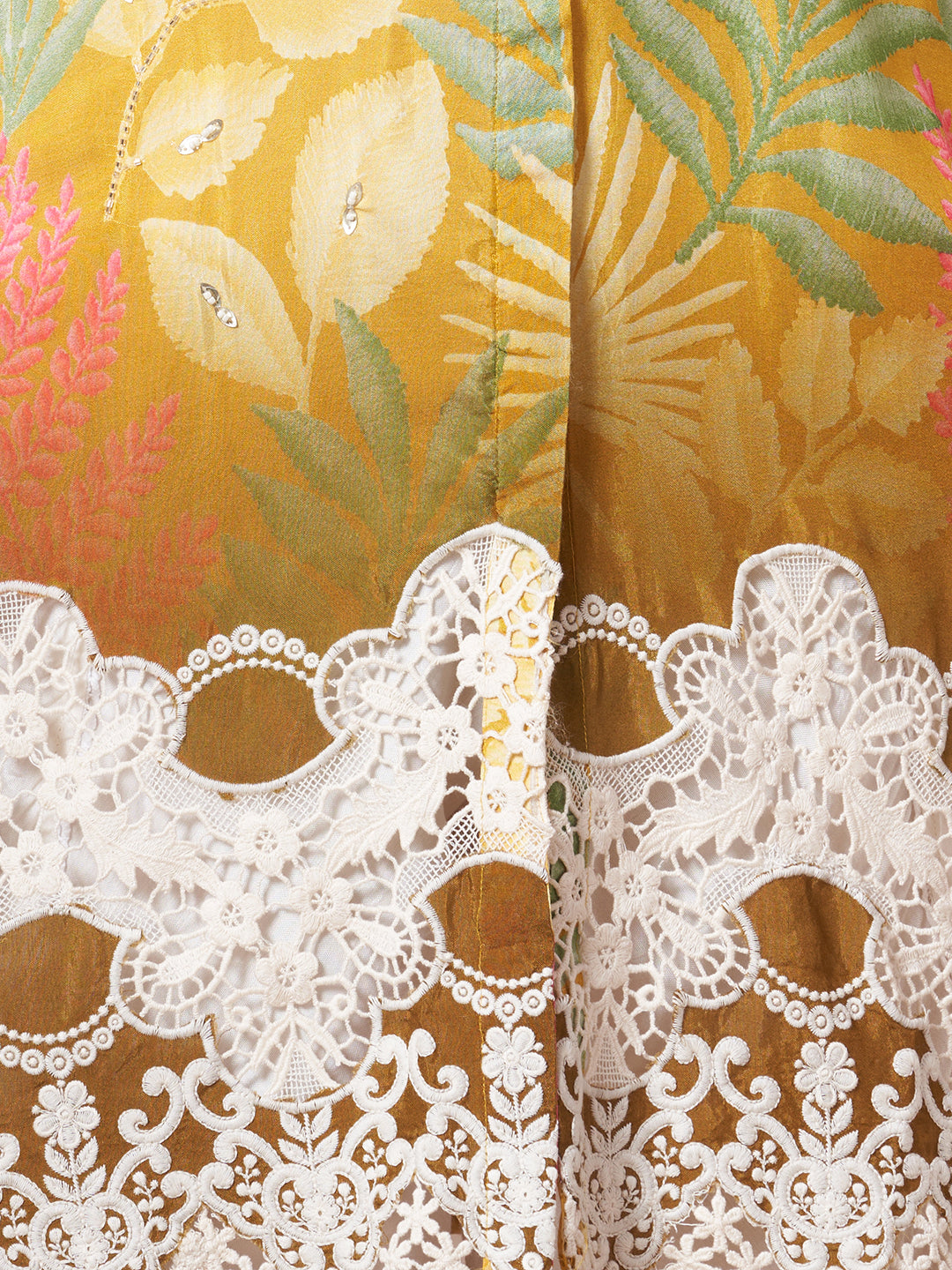 Abstract Floral Printed Embroidered Straight Fit Kurta with Dhoti Pant - Lime Green