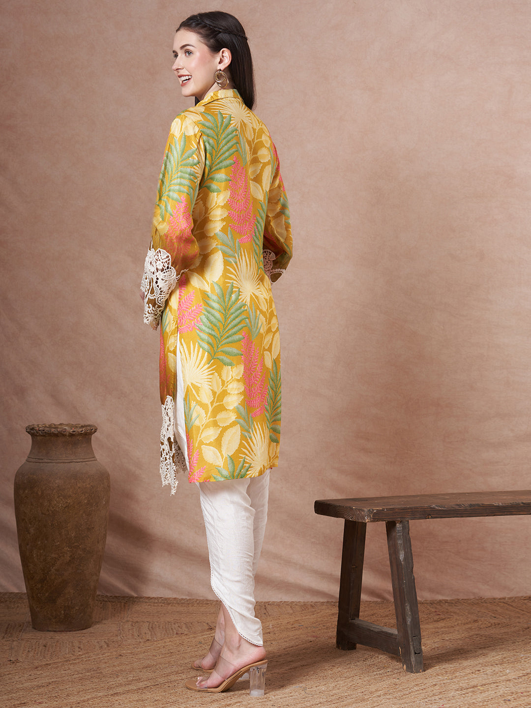 Abstract Floral Printed Embroidered Straight Fit Kurta with Dhoti Pant - Lime Green