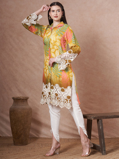 Abstract Floral Printed Embroidered Straight Fit Kurta with Dhoti Pant - Lime Green