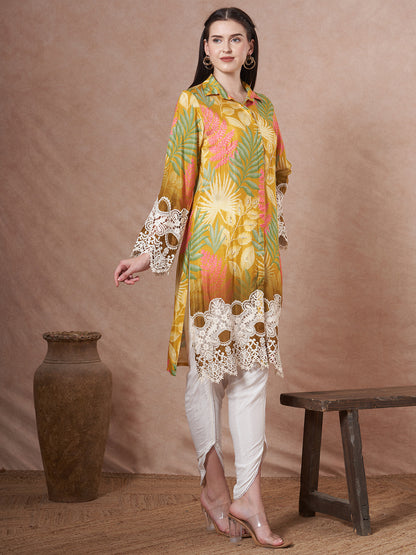 Abstract Floral Printed Embroidered Straight Fit Kurta with Dhoti Pant - Lime Green