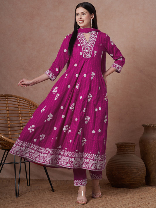 Solid Floral Embroidered Anarkali Flared Kurta with Pant and Dupatta - Magenta
