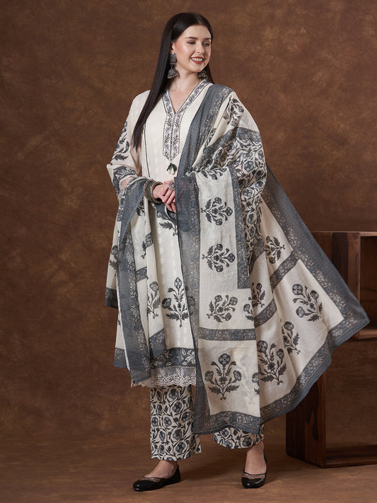 Ethnic Floral Printed Embroidered Straight Fit Kurta with Palazzo and Dupatta - Cream