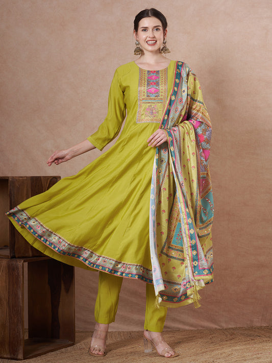 Solid Ethnic Printed Anarkali Flared Kurta with Pant and Dupatta - Lime Green