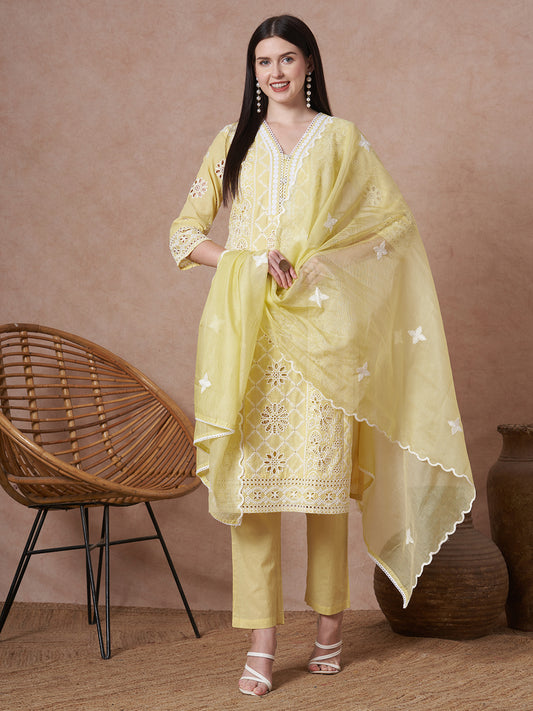 Solid Schiffli Embroidered Straight Fit Kurta with Pant & Dupatta - Yellow