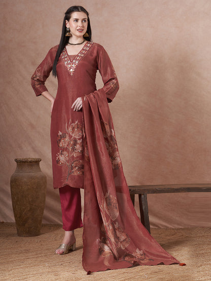 Floral Printed Embroidered Straight Fit Tissue Kurta with Pant and Dupatta - Rust