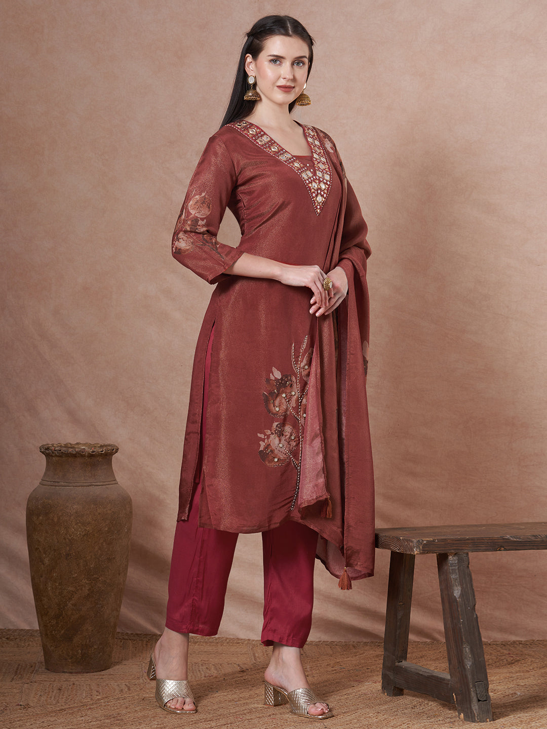 Floral Printed Embroidered Straight Fit Tissue Kurta with Pant and Dupatta - Rust