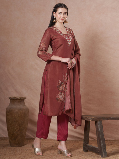 Floral Printed Embroidered Straight Fit Tissue Kurta with Pant and Dupatta - Rust