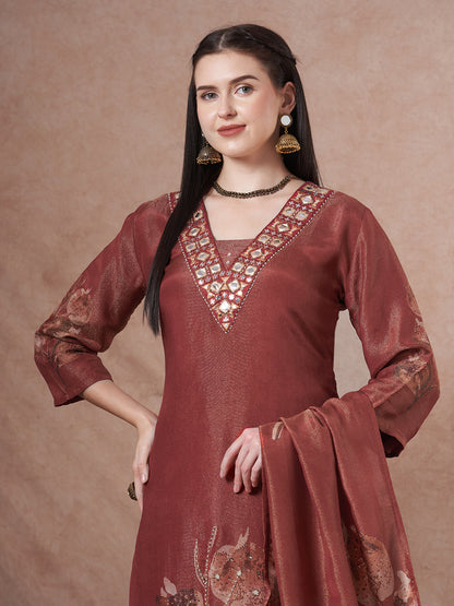 Floral Printed Embroidered Straight Fit Tissue Kurta with Pant and Dupatta - Rust