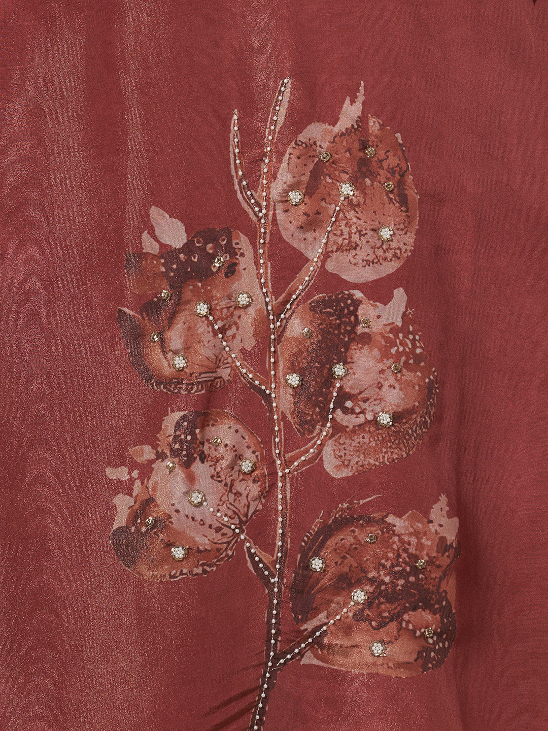 Floral Printed Embroidered Straight Fit Tissue Kurta with Pant and Dupatta - Rust