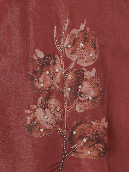 Floral Printed Embroidered Straight Fit Tissue Kurta with Pant and Dupatta - Rust