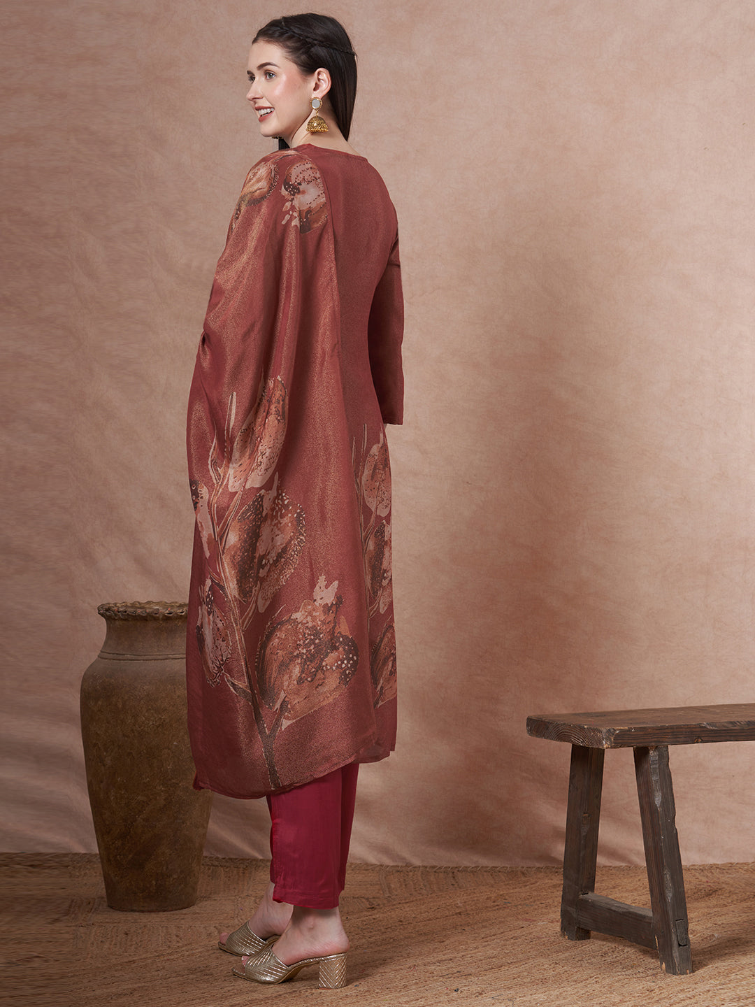 Floral Printed Embroidered Straight Fit Tissue Kurta with Pant and Dupatta - Rust