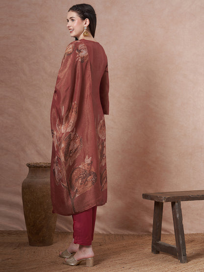 Floral Printed Embroidered Straight Fit Tissue Kurta with Pant and Dupatta - Rust