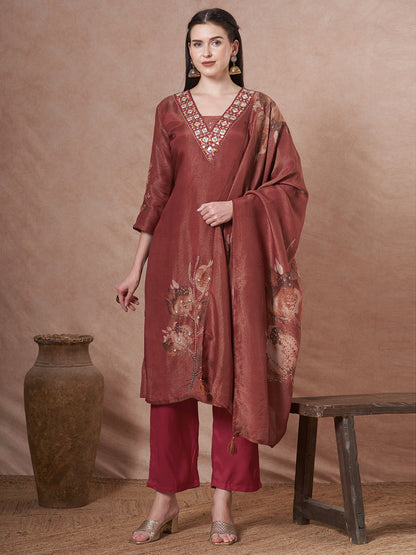 Floral Printed Embroidered Straight Fit Tissue Kurta with Pant and Dupatta - Rust