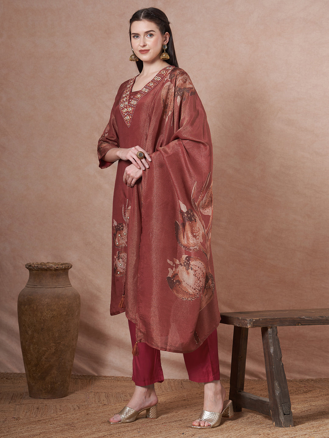 Floral Printed Embroidered Straight Fit Tissue Kurta with Pant and Dupatta - Rust