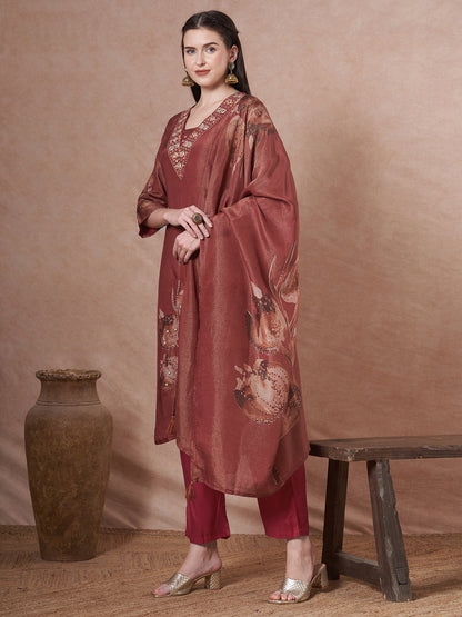 Floral Printed Embroidered Straight Fit Tissue Kurta with Pant and Dupatta - Rust