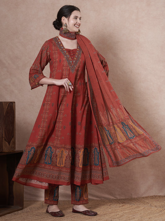 Ethnic Floral Printed Embroidered Straight Fit Kurta with Pant and Dupatta - Coral