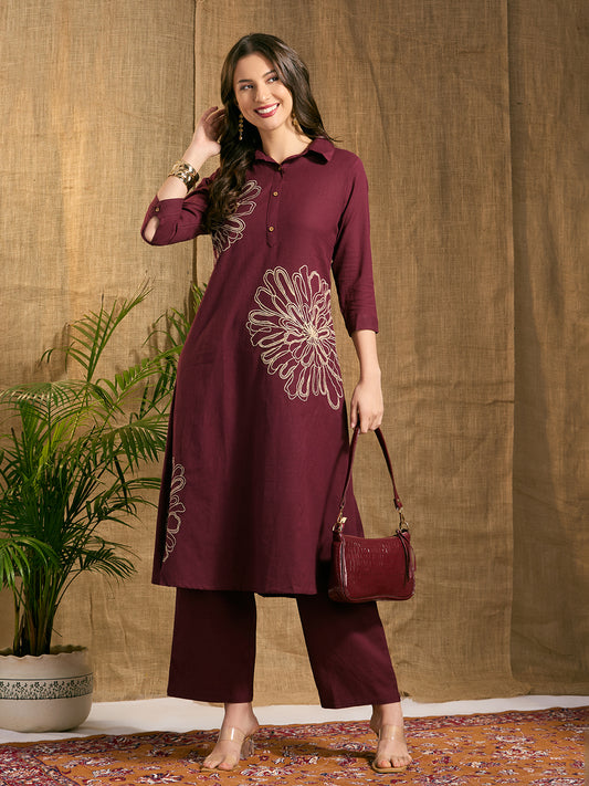 Solid Abstract Floral Embroidered A-Line Co-ord Set - Burgundy