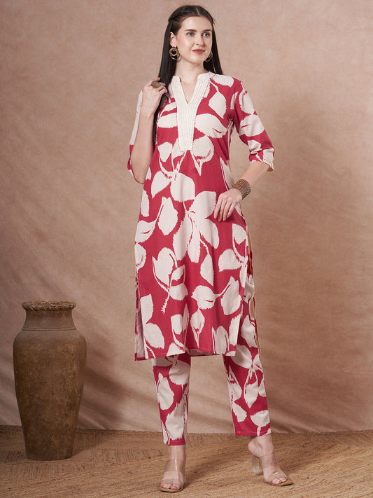 Abstract Printed A-Line Flared Co-ord Set - Red