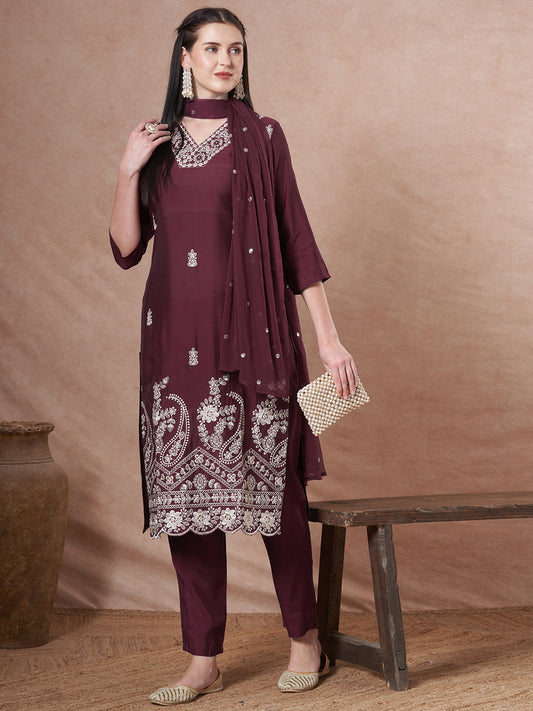 Solid Floral Embroidered Straight Fit Kurta with Pant and Dupatta - Burgundy